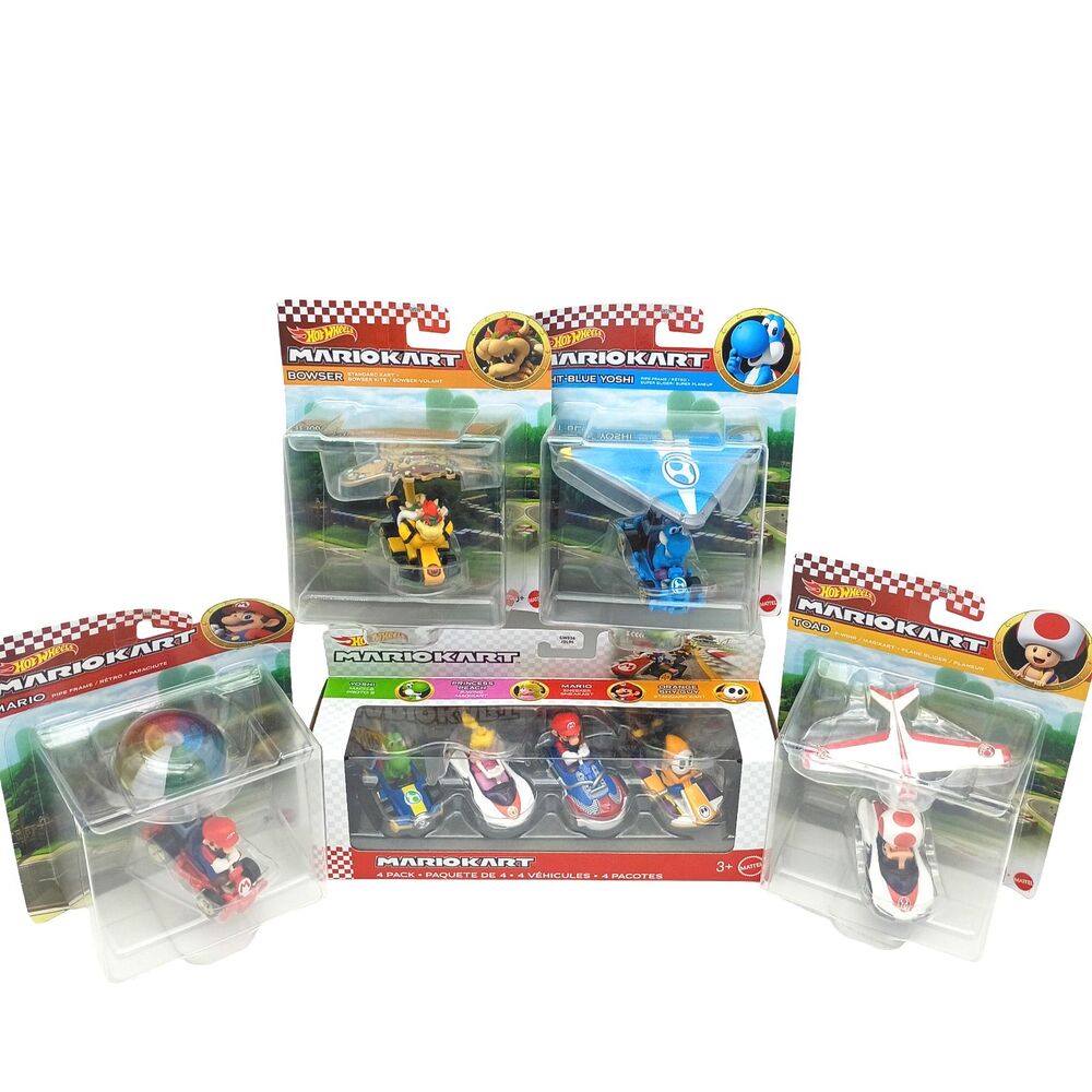 Hot Wheels Mario Kart Lot 4 Gliders + 4 Pack Bowser Yoshi Toad Peach Shy Guy NEW